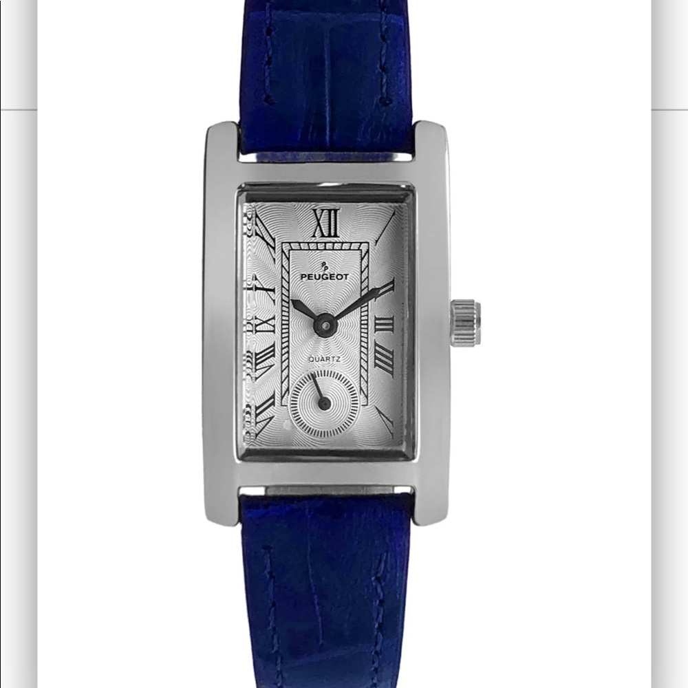 Womens Peugeot Watch  Tank Shape Case Blue leather Watch with Roman Numerals
